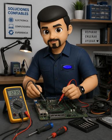 Técnico reparando una placa base con un multímetro.