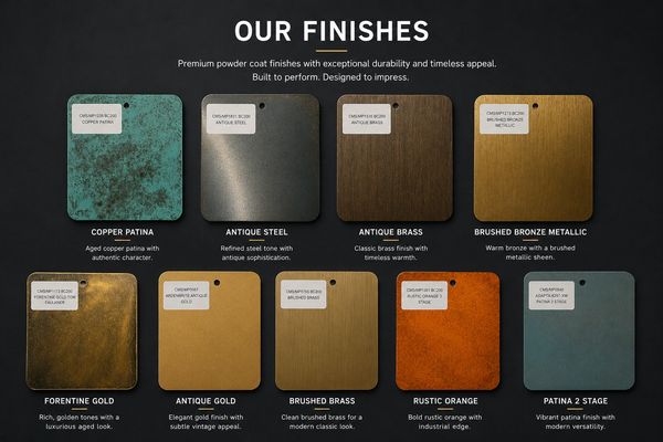 Various premium powder coat finishes for metal surfaces with distinct textures and colors.