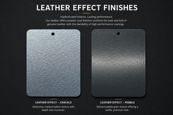 Two leather effect powder coat finish samples showing crackle and pebble textures.