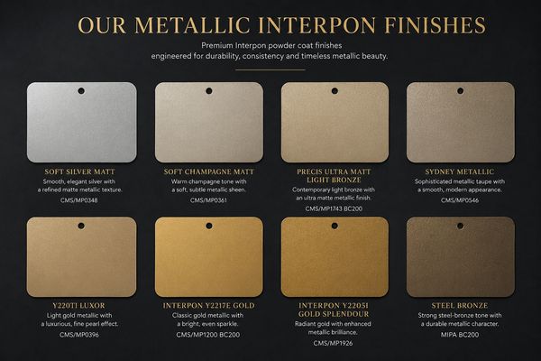Metallic Interpon powder coat finishes in various shades of silver, gold, bronze, and champagne.