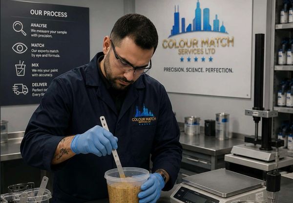 A man in a lab coat mixes paint samples with precision in a professional lab.