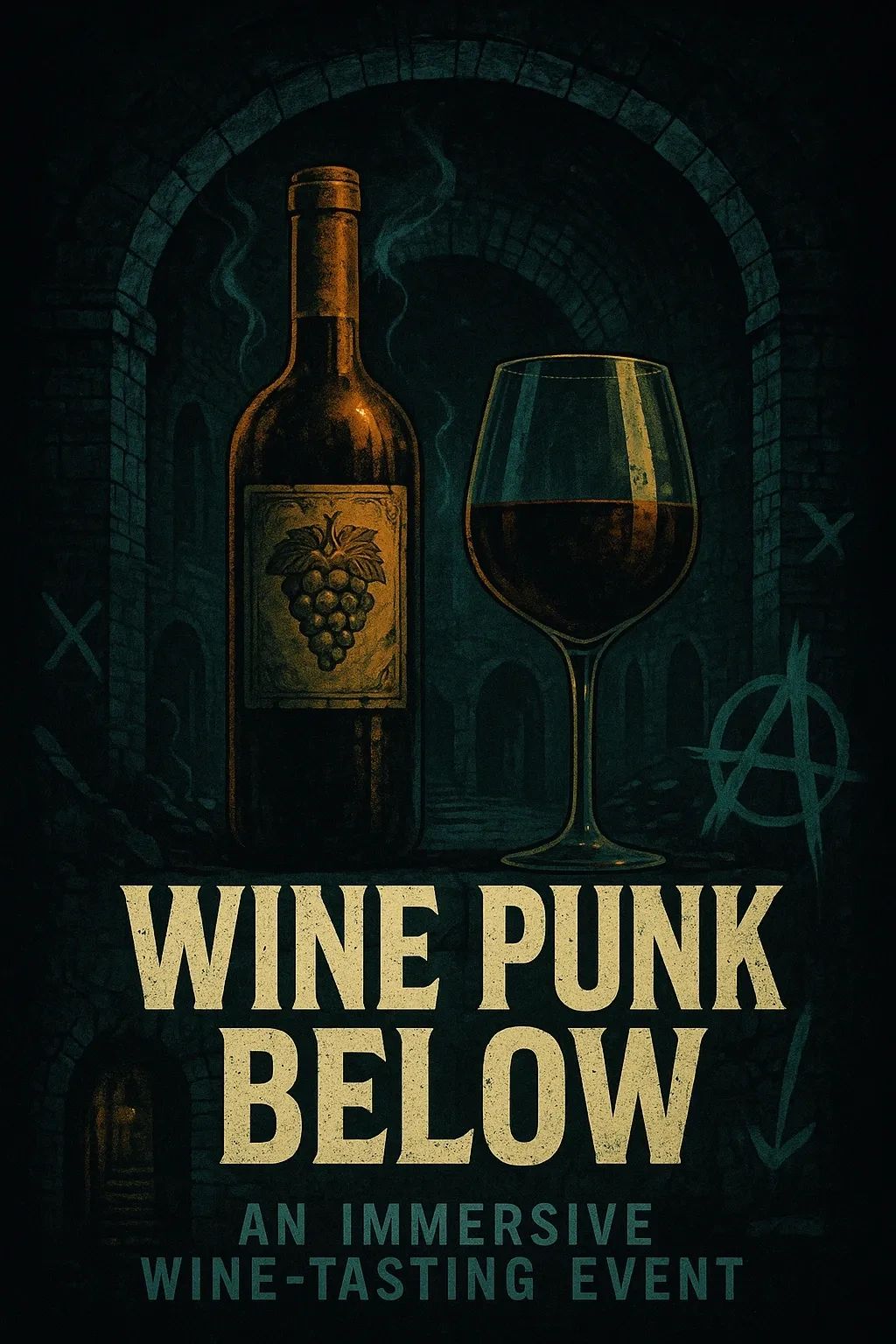A wine glass and wine bottle in a mysterious lair.