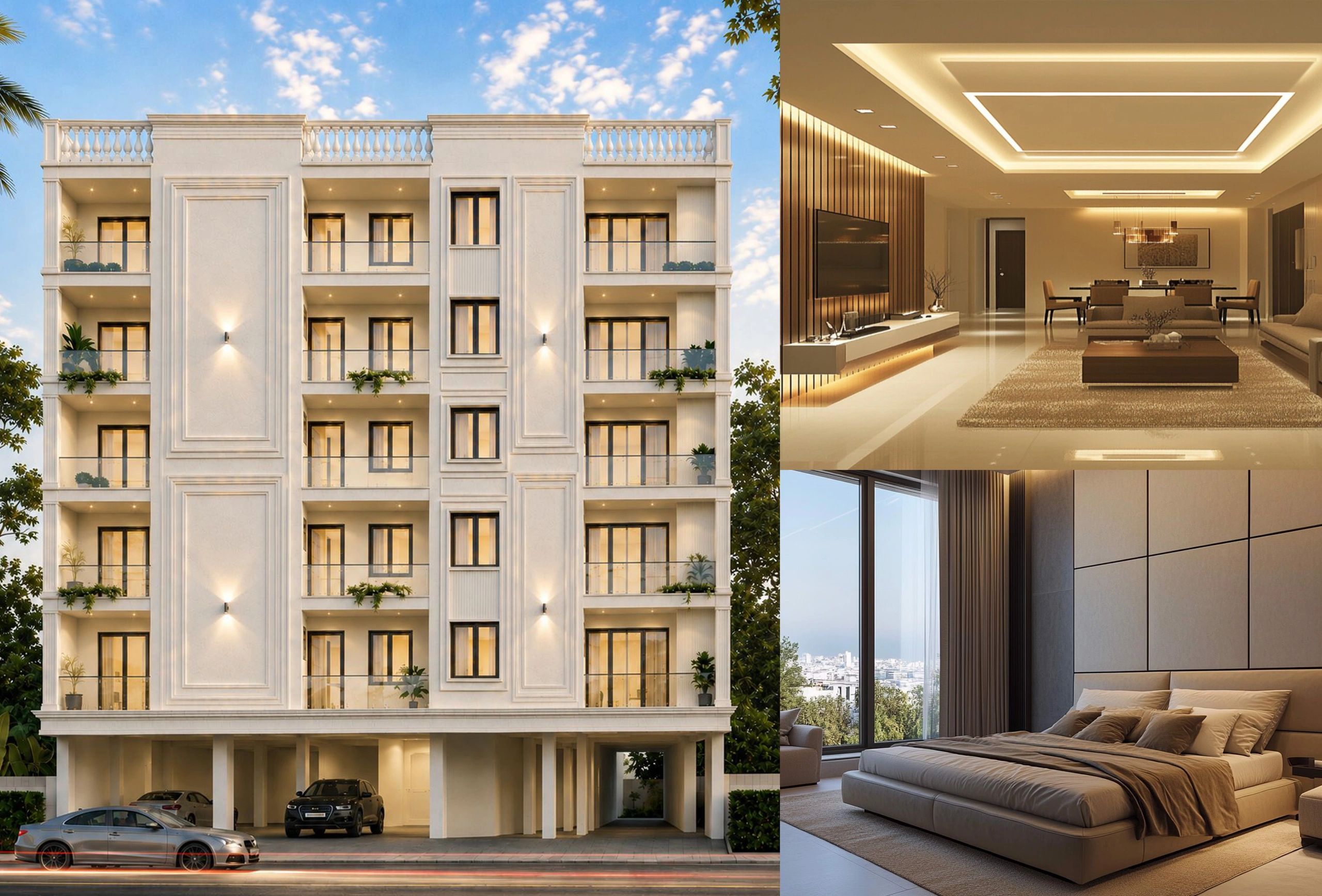 Modern apartment building with elegant interiors and a cozy bedroom.