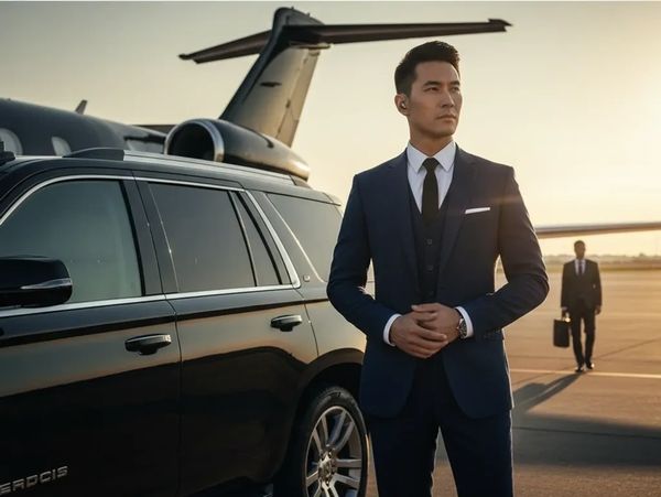 A confident man in a suit stands by a luxury SUV near a private jet at sunset.
