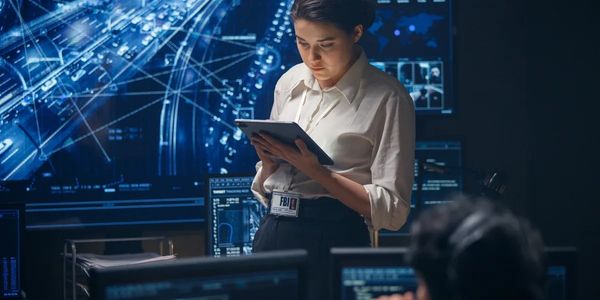 FBI agent analyzing data on a tablet in a high-tech control room.