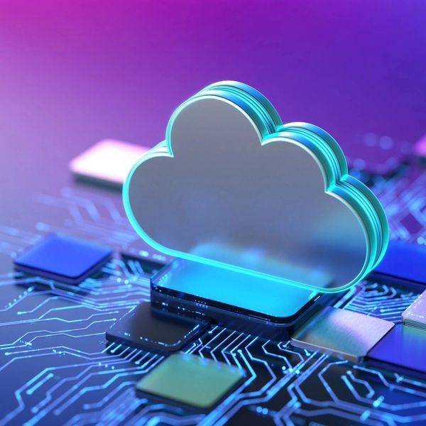 A glowing cloud icon on a futuristic circuit board representing cloud computing.