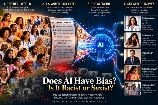 AI bias illustrated through a diverse crowd filtered into an AI system & unrepresented populations.