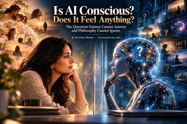Woman facing a futuristic AI figure, questioning machine consciousness.by Dr Sonia Sharma