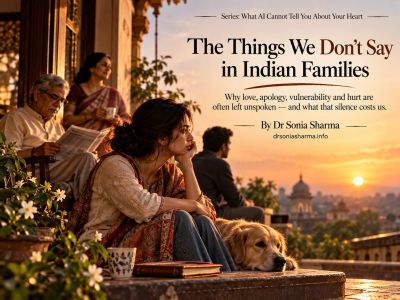 Indian family sitting together at sunset, reflecting on unspoken emotions. Things we don't say -