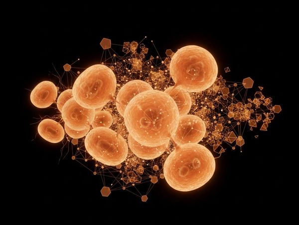 Glowing cellular structures connected by network lines.