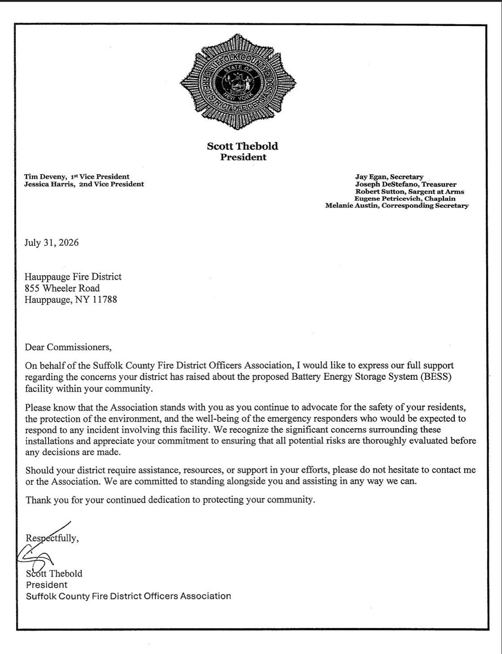 Support letter from Suffolk County Fire District Officers Association about Battery Energy Storage System concerns.