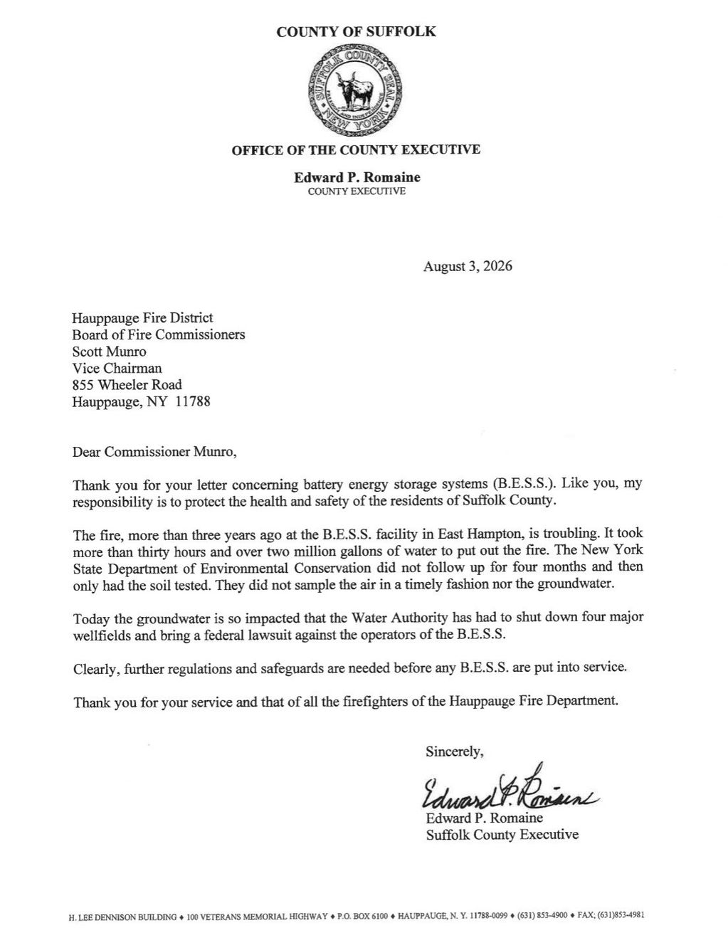 Letter from Suffolk County Executive about B.E.S.S. fire and groundwater impact.