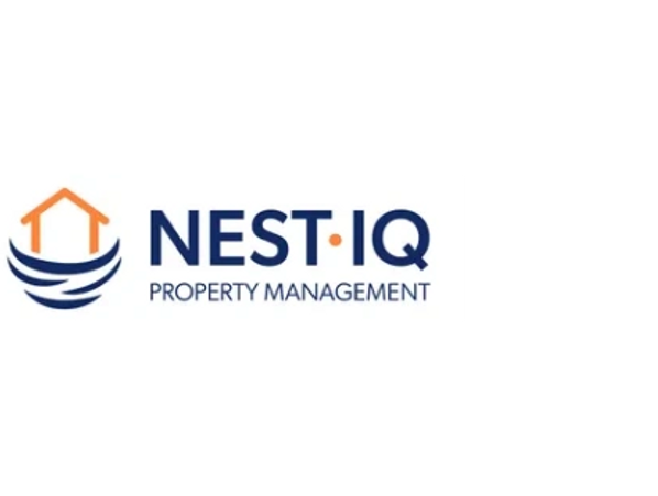 Nest IQ Property Management logo with house and waves.
