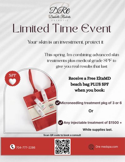 Spring skincare event with EltaMD beach bag and SPF offer at Danielle Roberts Esthetic.