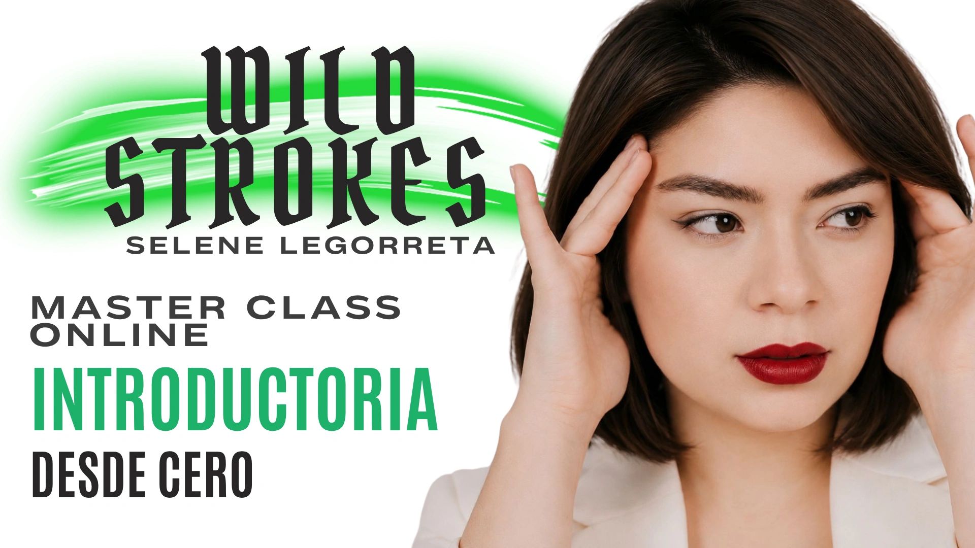 Woman with red lipstick touching her temples, promoting an online masterclass about micro strokes.