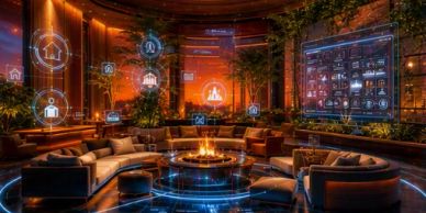 Futuristic living room with holographic interfaces.