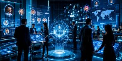 People interacting with futuristic digital interfaces in a high-tech control room.