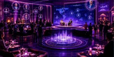 Futuristic digital meeting with holograms and global network visuals.