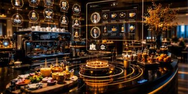 Futuristic smart kitchen with holographic interfaces and golden accents.