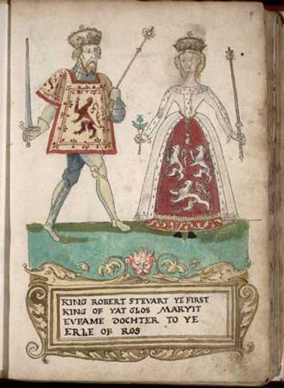 Medieval illumination of King Robert Stewart and Queen Euphemia, with a text caption below.