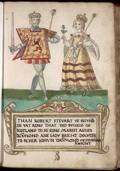 Medieval illumination of King Robert III and Queen Annabella Drummond, with a text caption below.