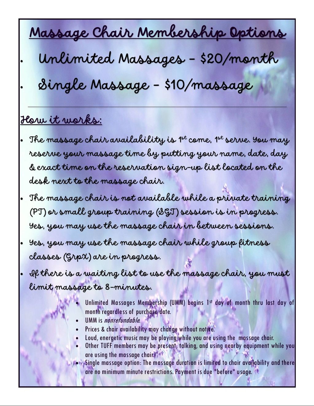 Massage chair membership options and rules.