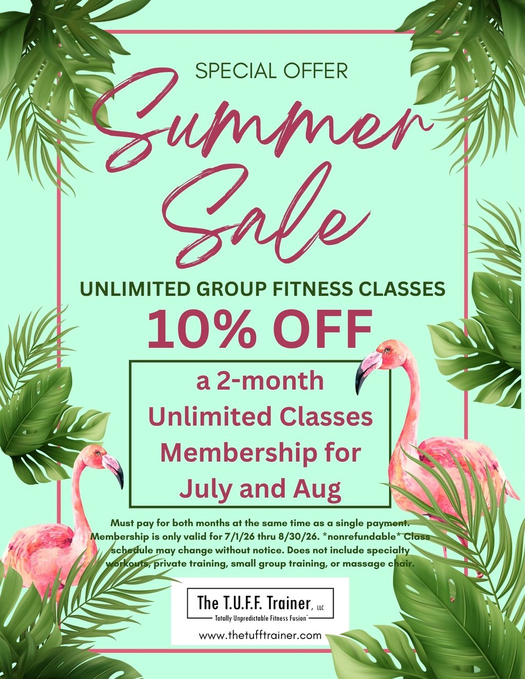 Summer Sale: 10% off unlimited group fitness classes for July and August.