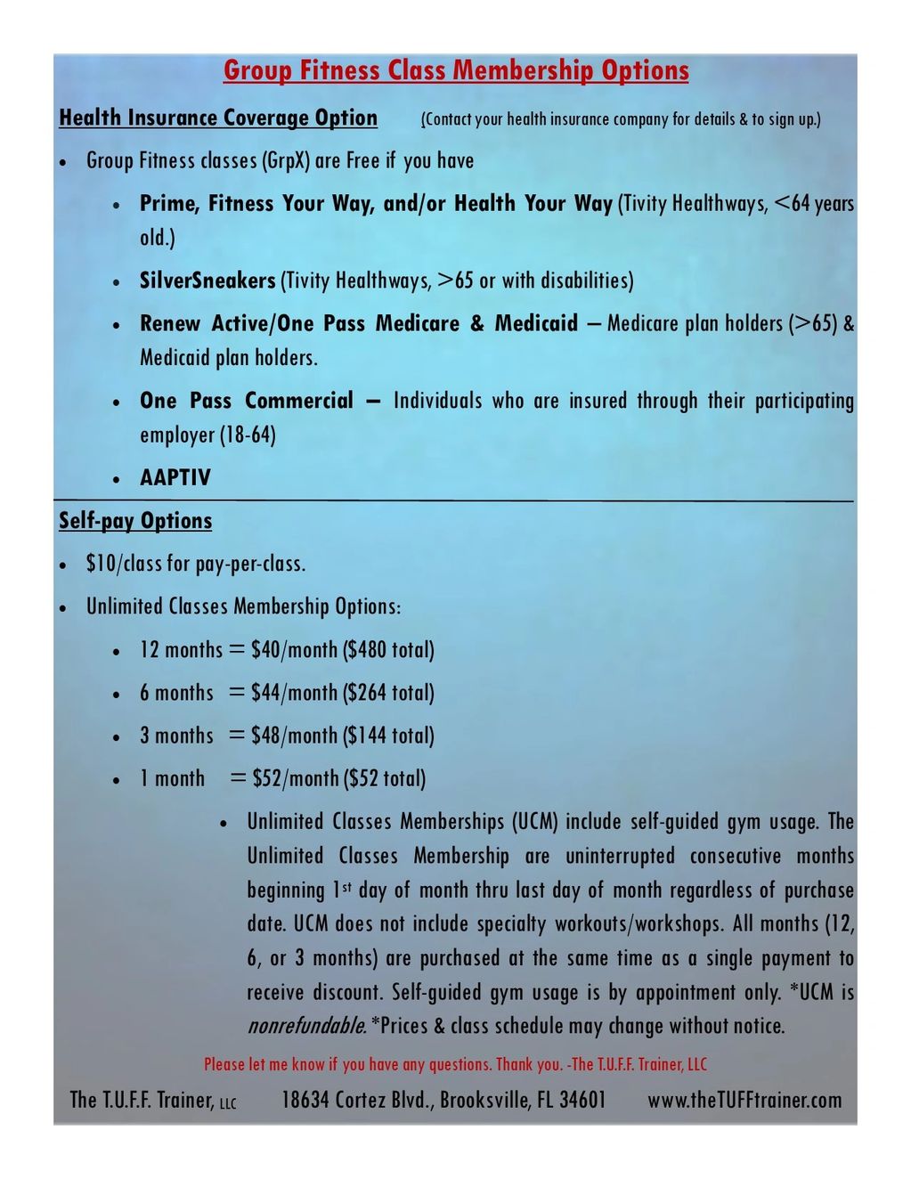 Group fitness class membership options with insurance and self-pay plans.