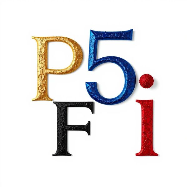 Colorful embossed letters and number forming 'P5 Fi' on white background.