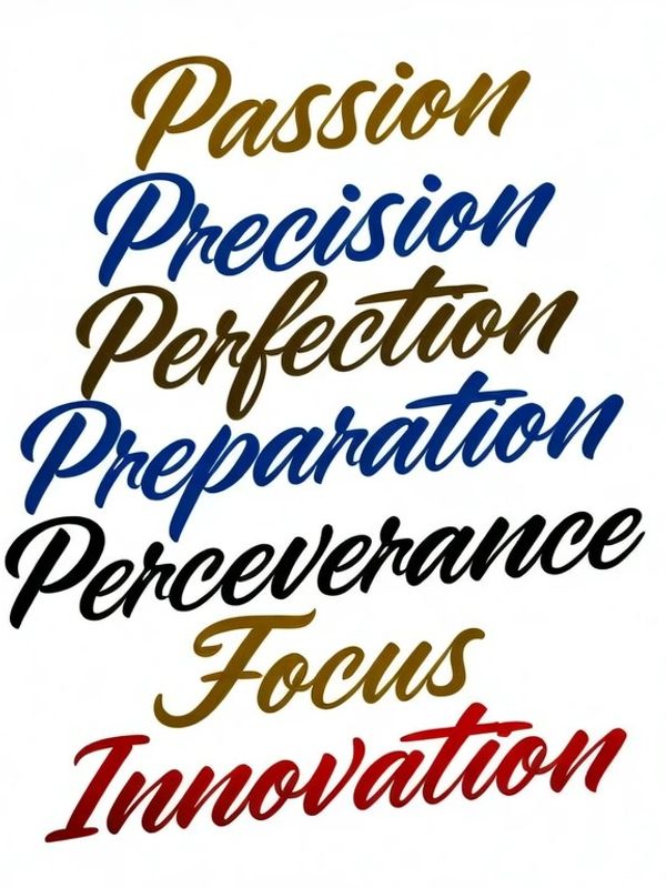 Motivational words in colorful cursive fonts on a white background.