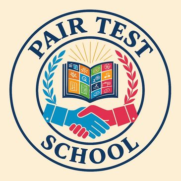 Logo of Pair Test School with handshake and book icons.