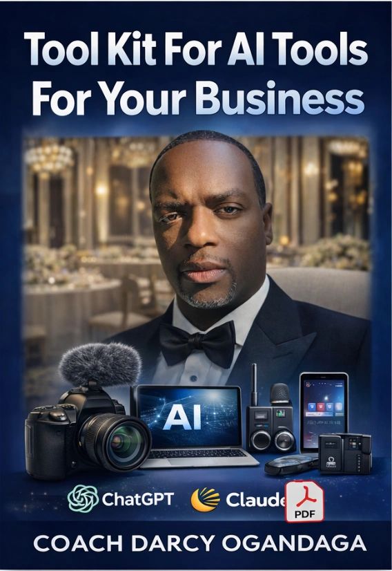 Business toolkit for AI tools featuring Coach Darcy Ogandaga with tech gadgets and AI logos.