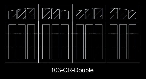 Technical drawing of a 103-CR-Double door design with multiple panels and glass segments.