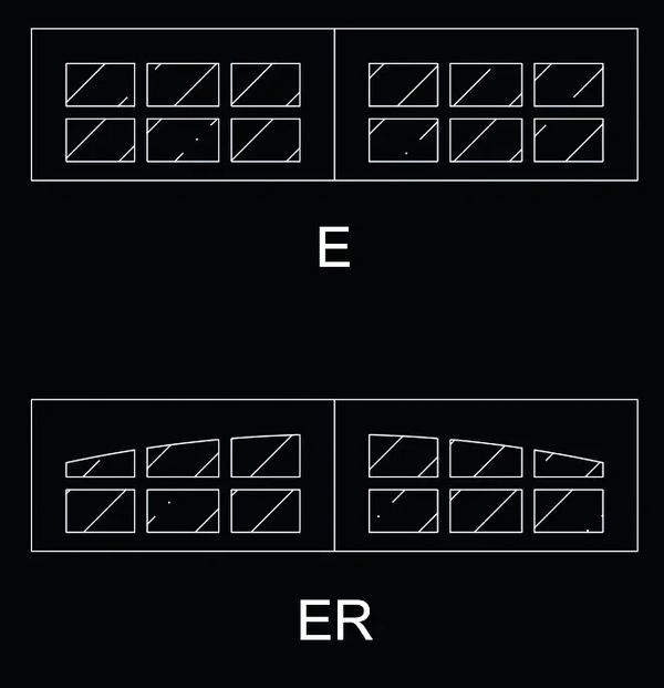 Geometric puzzle showing transformation from E to ER using diagonal lines in rectangles.