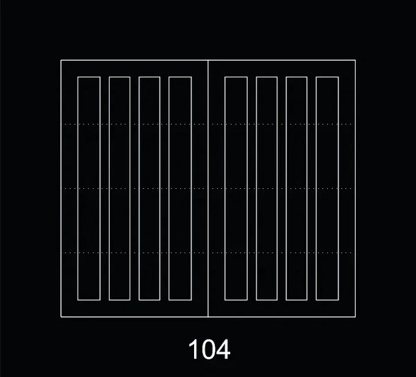 Blueprint of a double-door design with vertical panels, labeled 104.