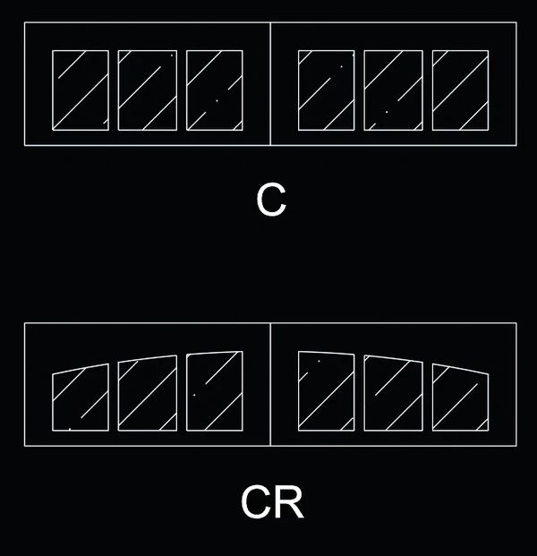 Diagrams showing patterns labeled C and CR with geometric shapes and lines.