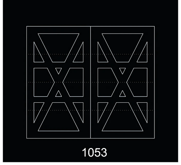 Symmetrical geometric pattern with triangles and intersecting lines on black.