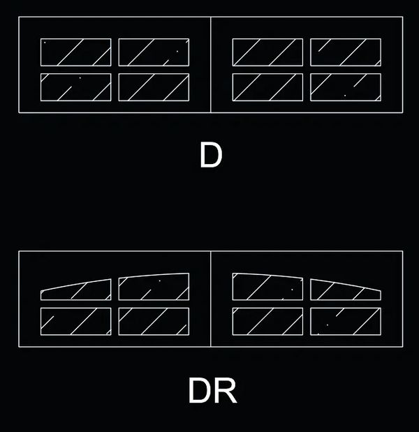 Two sets of geometric patterns labeled D and DR with diagonal lines and dots inside rectangles.