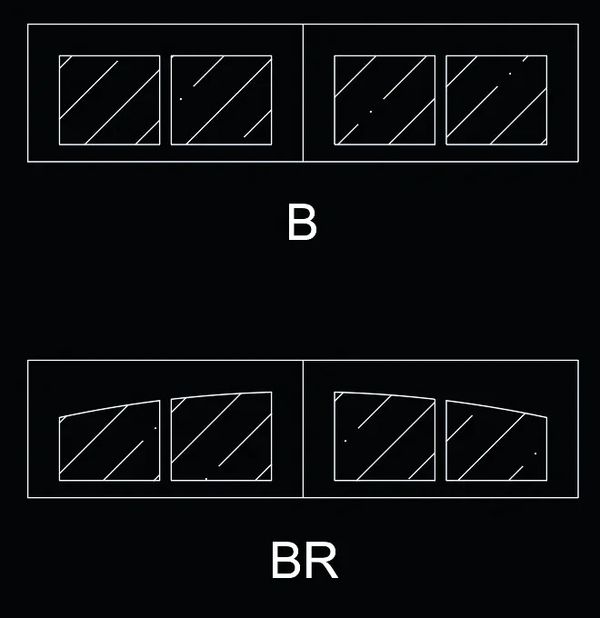 Two sets of geometric patterns labeled B and BR with diagonal lines and dots inside shapes.