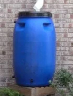 blue colored rain barrel