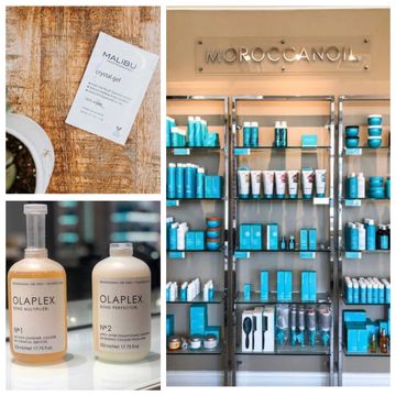 Hair care products displayed in a salon.