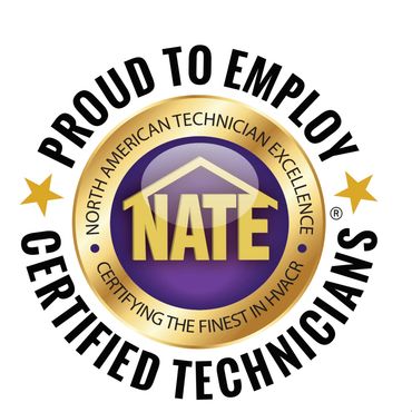 NATE Certified Technicians proud to employ badge with gold and purple design.