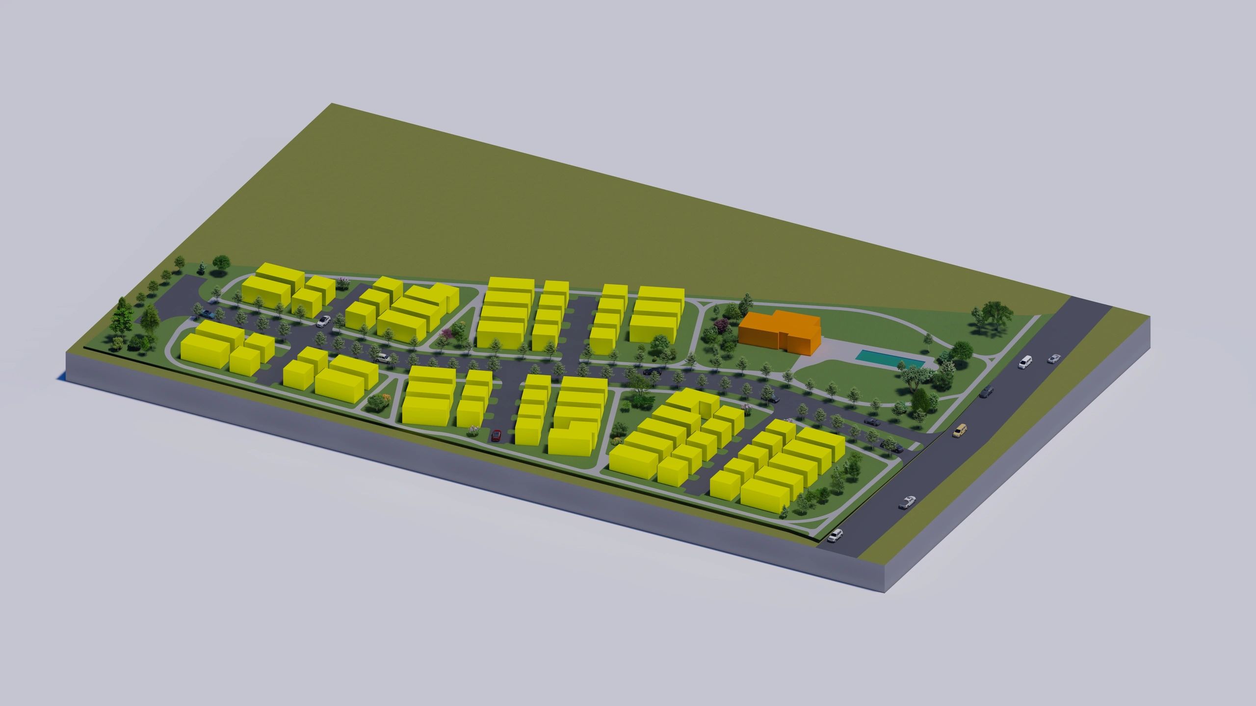 3D model of a neighborhood layout with yellow buildings and roads.