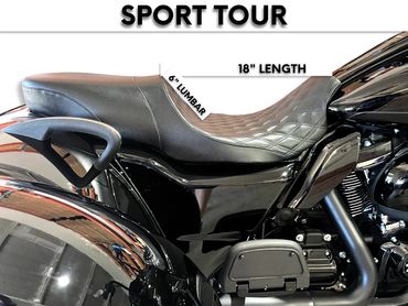 Close-up of a black leather motorcycle seat with measurements labeled.