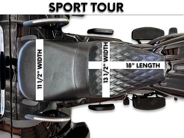 Top view of a black Sport Tour motorcycle seat with measurements.