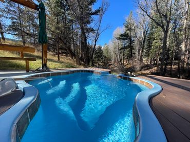 close up of hot spring pool with trees in background on a blue sky day