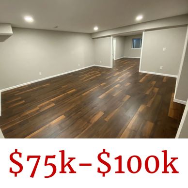 Primary bedroom and living space in finished basement