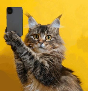 A fluffy cat holding a smartphone against a yellow background.