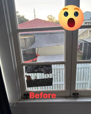 Broken window pane with tape holding shattered glass, labeled 'Before'.