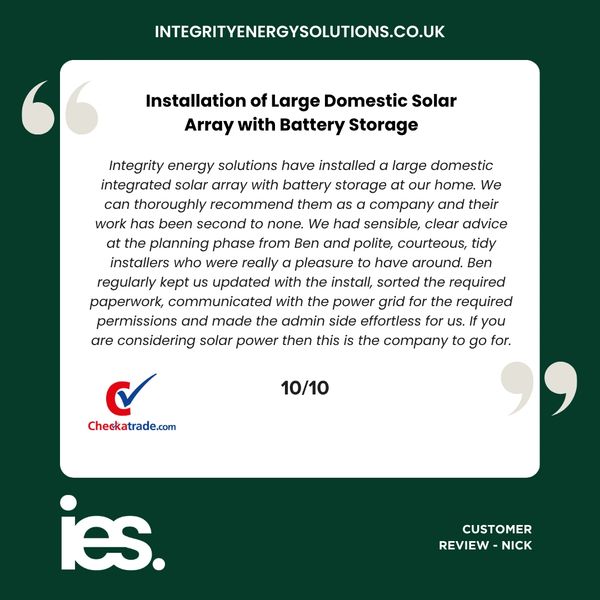 Large Solar Panel Array & Battery Storage, Integrity Energy Solutions, Customer Review, Checkatrade
